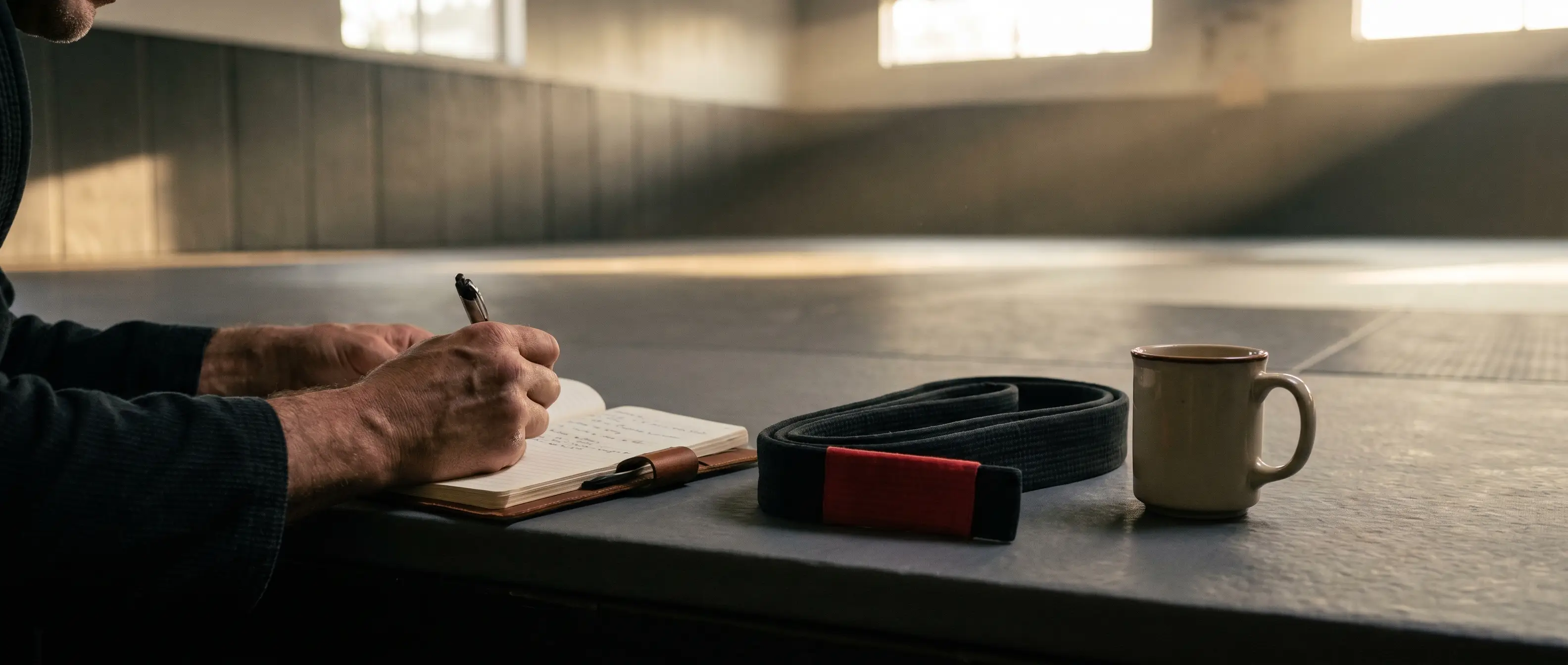 An instructor writing class notes at the edge of an empty BJJ mat, a black belt and coffee beside the notebook