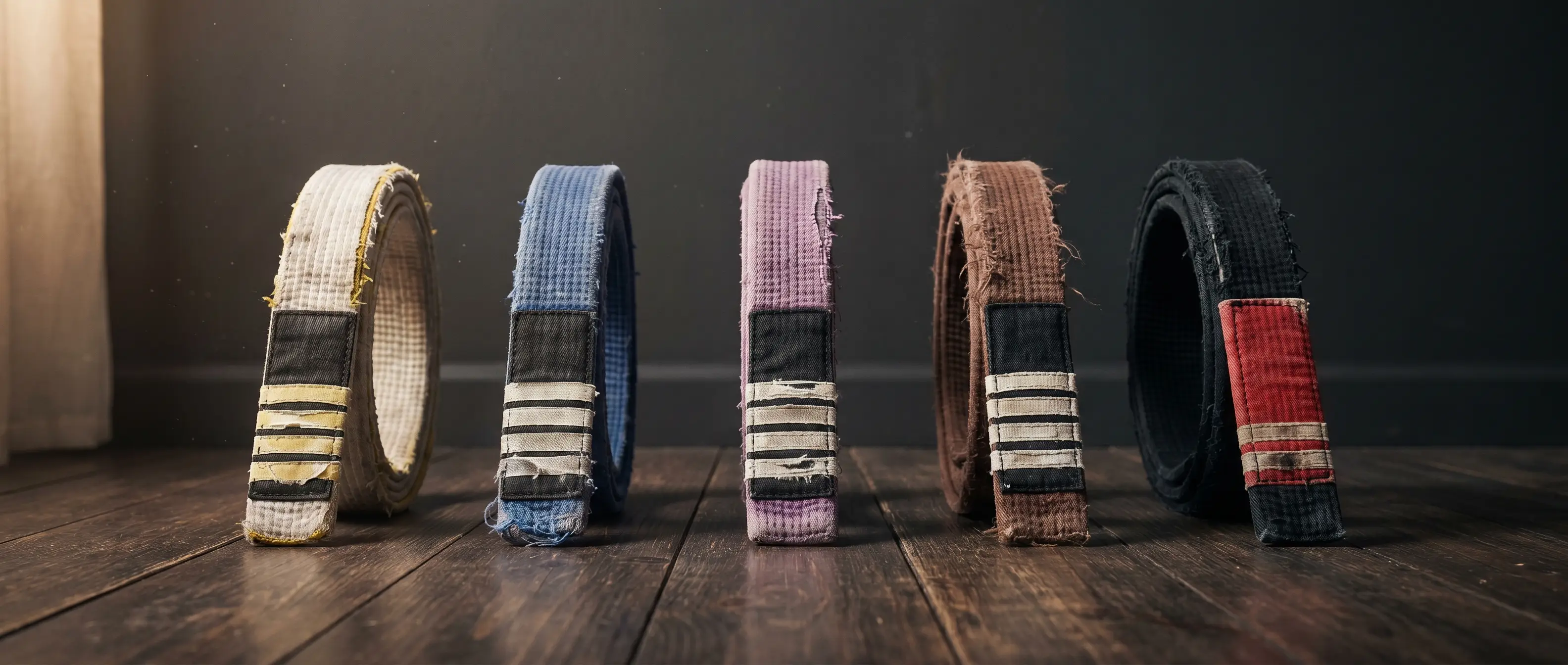 The five BJJ belts — white, blue, purple, brown, black — laid across the mats
